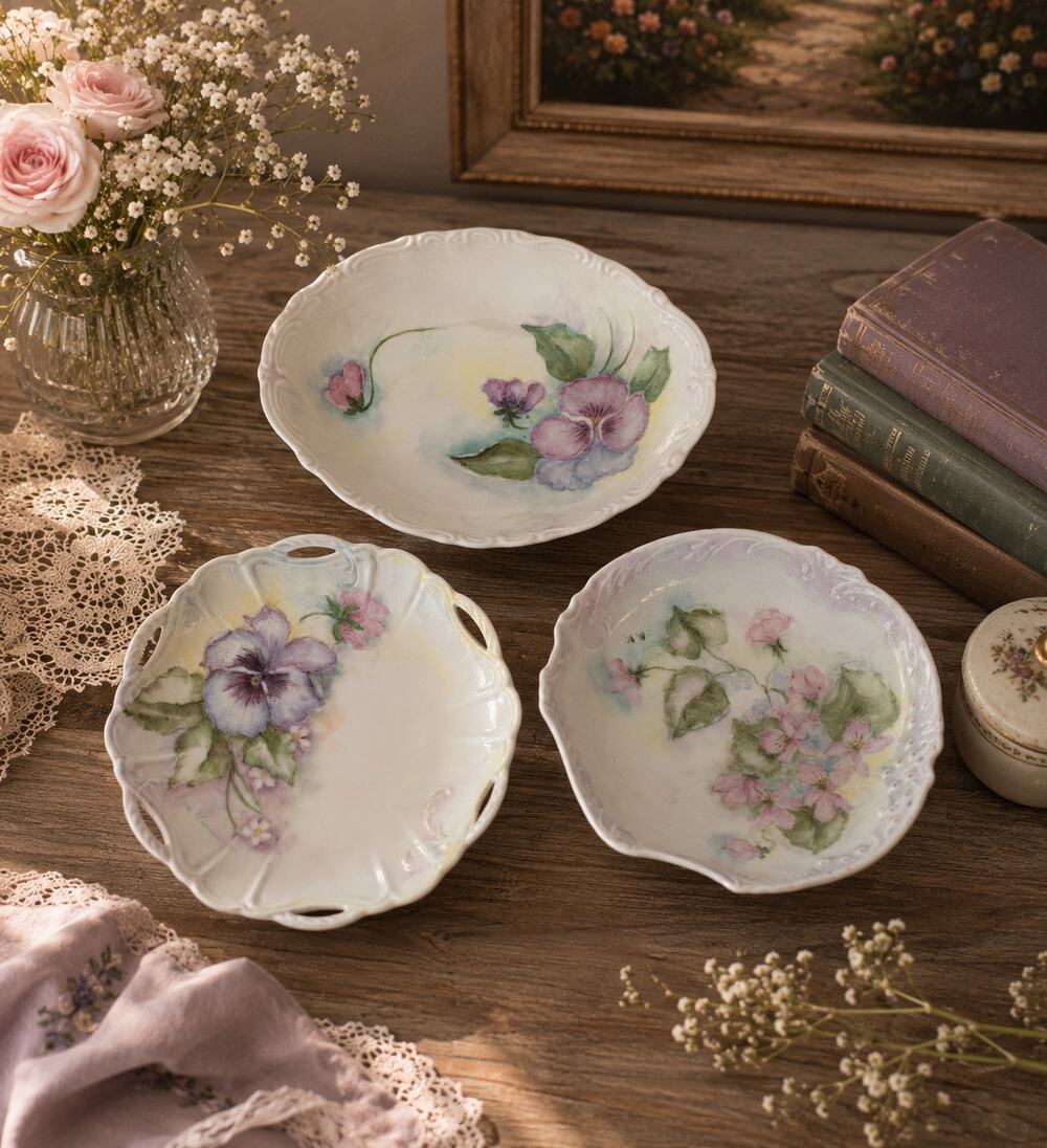 Antique Hand Painted Porcelain Floral Small Plates Dishes Set of 3